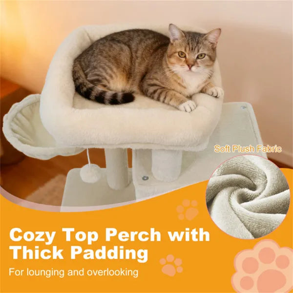 Beige cat tree with condo hideaway and elevated perches, angled view