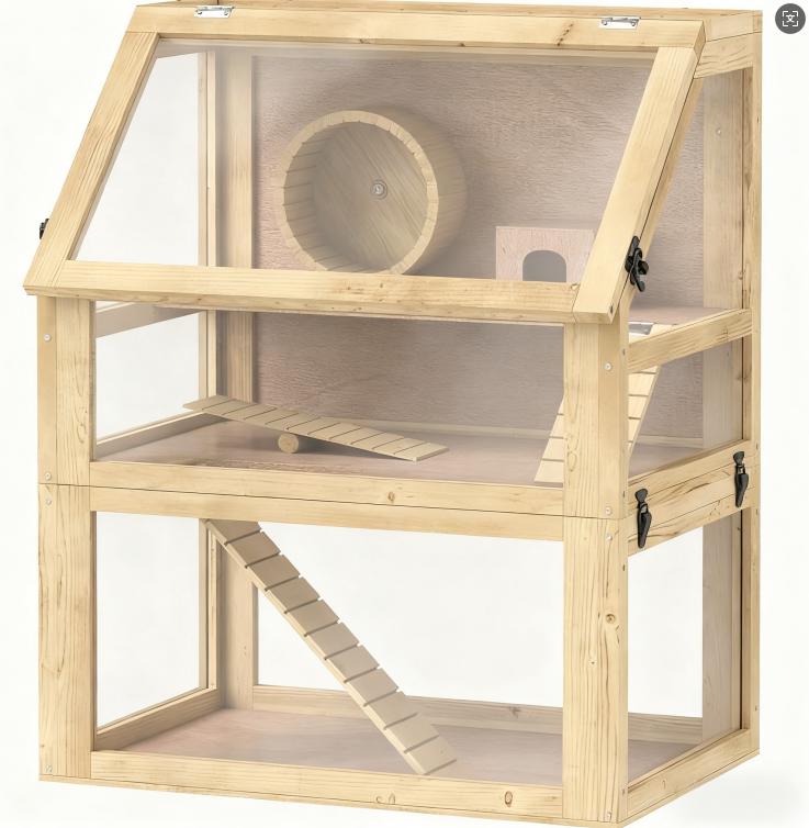 Studio shot of the 3-tier wooden hamster cage with glass sides, wooden wheel, ladders, and a hideout.