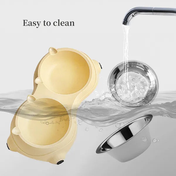 Easy to clean yellow double cat food bowl – detachable stainless steel bowls rinsing under running water