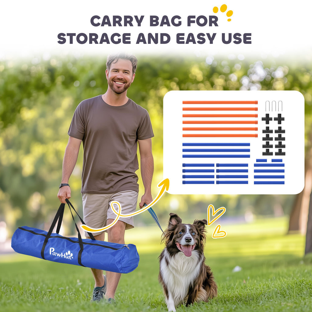 Man with dog and agility pole carry bag infographic