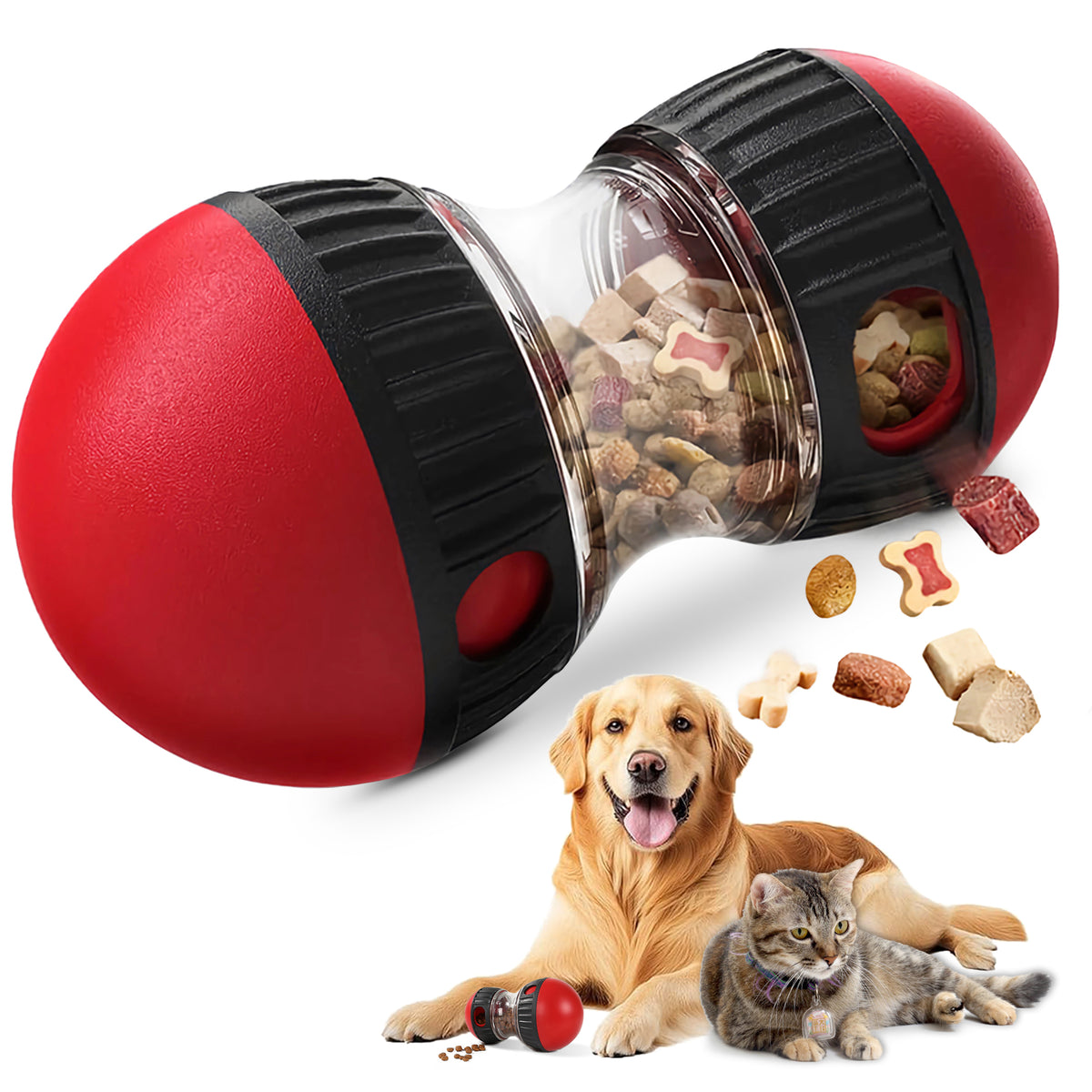 Red treat dispensing ball with puppy