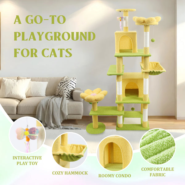 Yellow flower cat tree with elevated platforms and condo, angled view