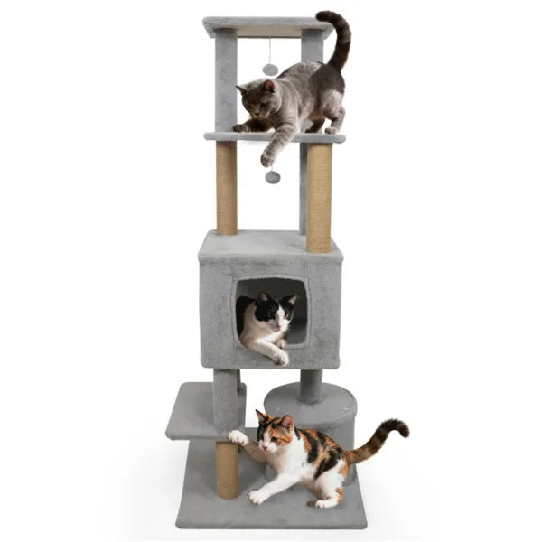 Light gray cat tower with jute scratching posts, side view