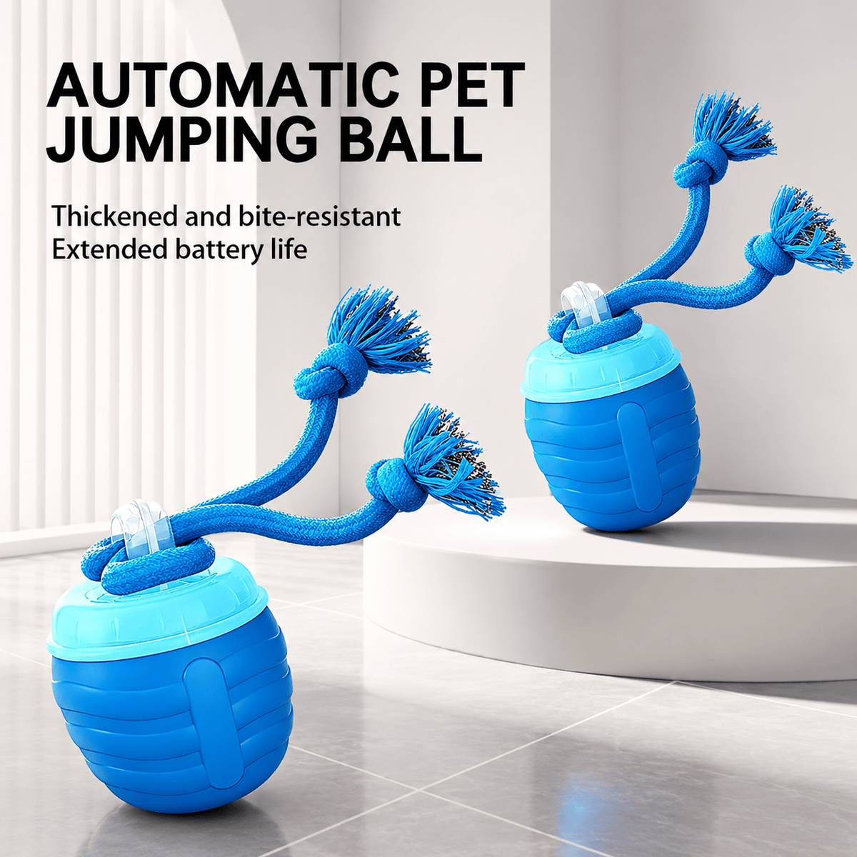 Automatic pet jumping ball graphic showing two blue smart balls with rope chew tassels on a studio pedestal, highlighting bite-resistant build and extended battery life.