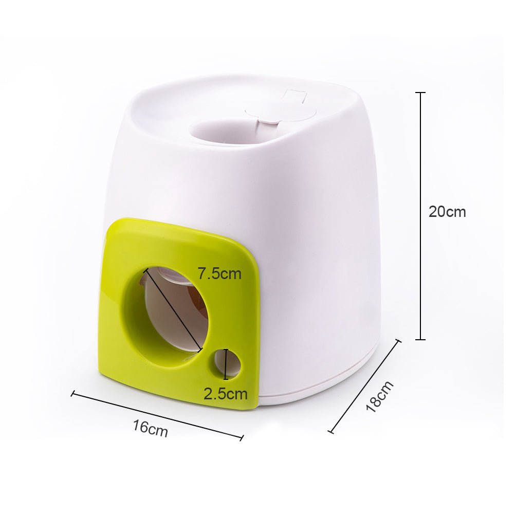 Dimension diagram of the reward machine showing 20cm height, 16cm width, 18cm depth, 7.5cm ball opening, and 2.5cm treat opening.