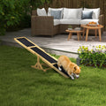 Dog on a yellow wooden agility seesaw in a backyard