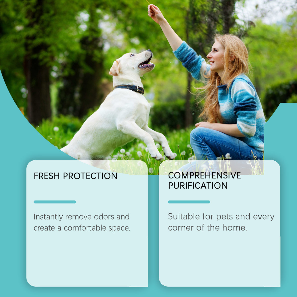 Fresh protection graphic of a woman playing with a white Labrador in a garden, highlighting instant odor removal and purification for pets and home.