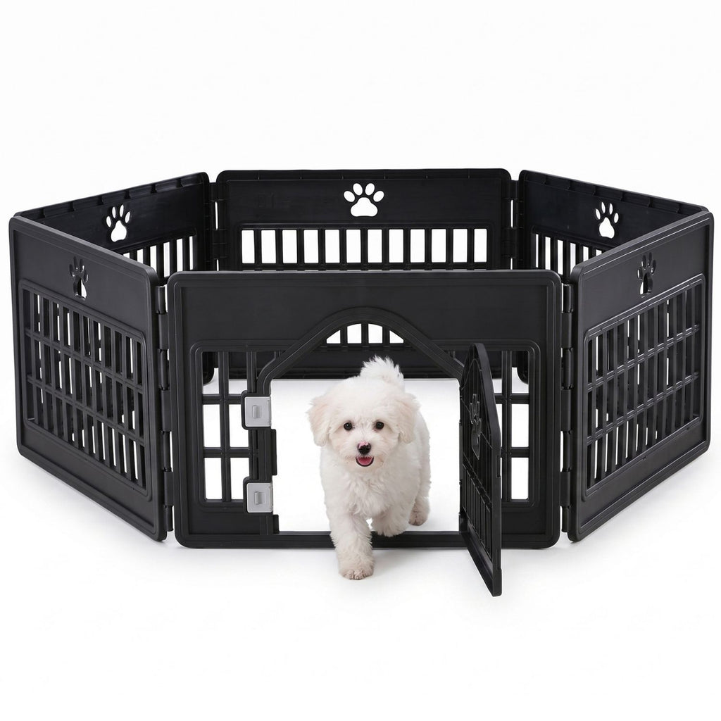 Black 6-panel modular plastic dog playpen with paw print cutouts and locking door; small white fluffy dog walking out of the portable pet fence