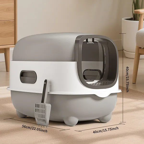 Gray enclosed cat litter box with airtight odor-lock lid