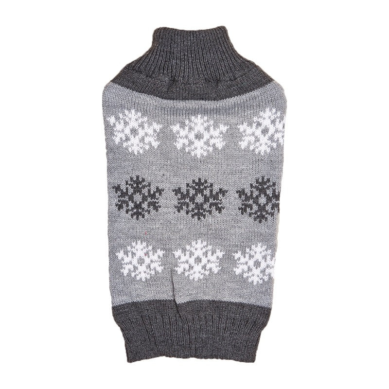 gray snowflake dog Christmas sweater flat product shot back view with turtleneck collar on white background