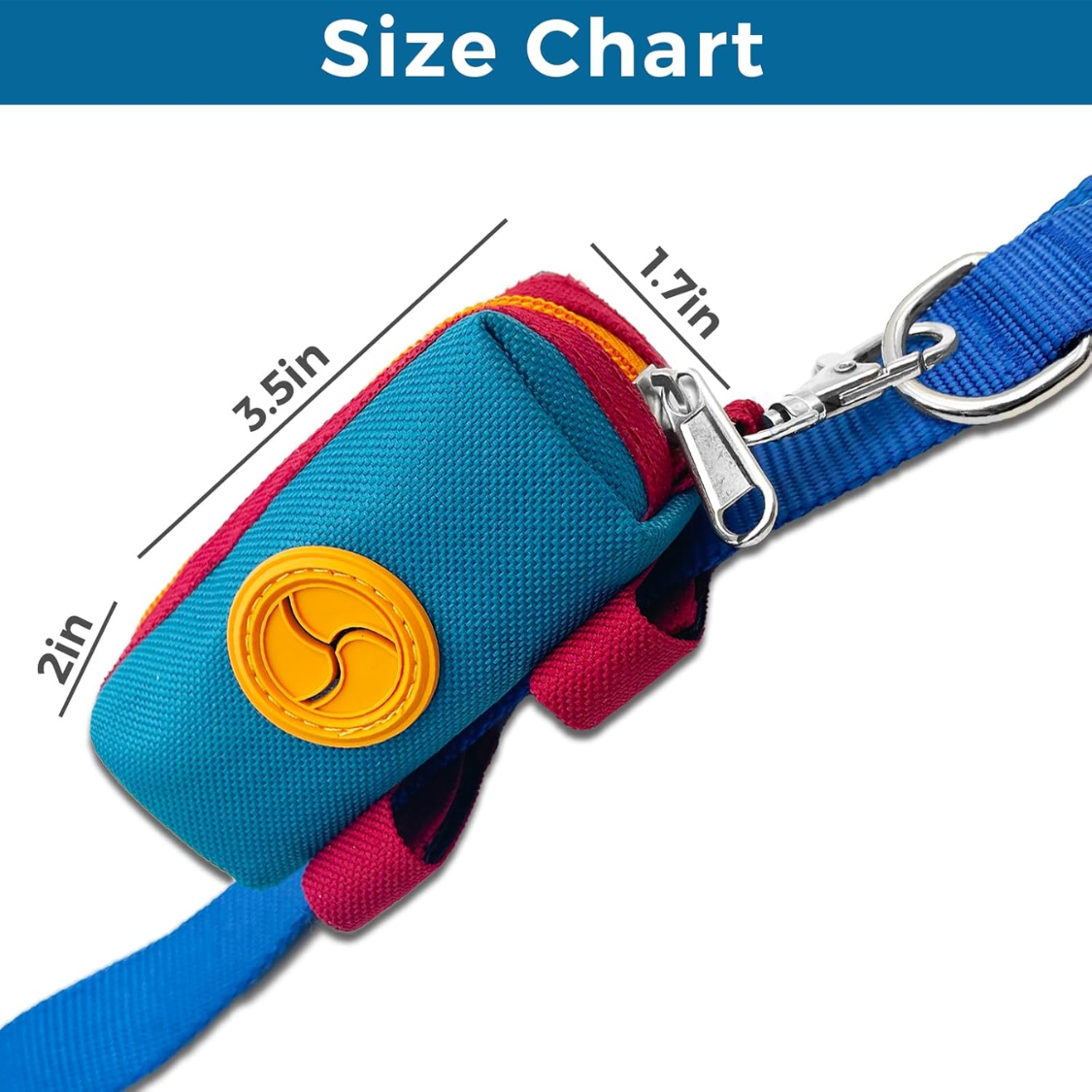Size chart of canvas dog poop bag holder pouch – 3.5 x 2 x 1.7 inch zippered pouch with carabiner clip on leash