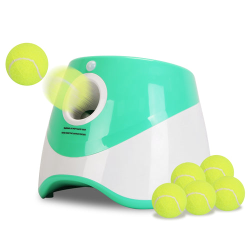 Teal and white automatic dog ball launcher with tennis balls