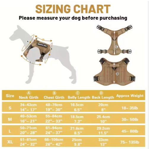 Sizing chart for tactical no-pull dog harness vest showing S to XL neck girth, chest girth, back length and weight