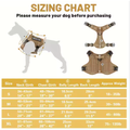 Sizing chart for tactical no-pull dog harness vest showing S to XL neck girth, chest girth, back length and weight