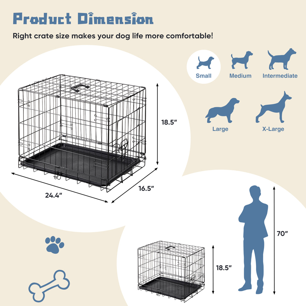 Dog cage dimension guide for the 24 inch crate showing size measurements and breed size icons
