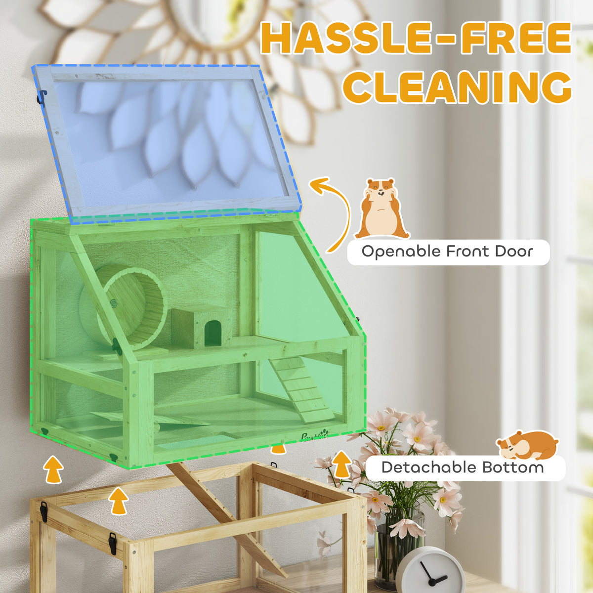 Hassle-free cleaning graphic highlighting the openable front door and detachable bottom of the wooden hamster cage.