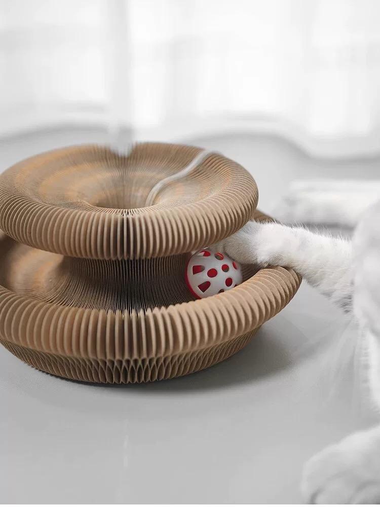 Close-up of a white cat's paw reaching into the accordion scratching board tunnel toward a red spotted ball toy.