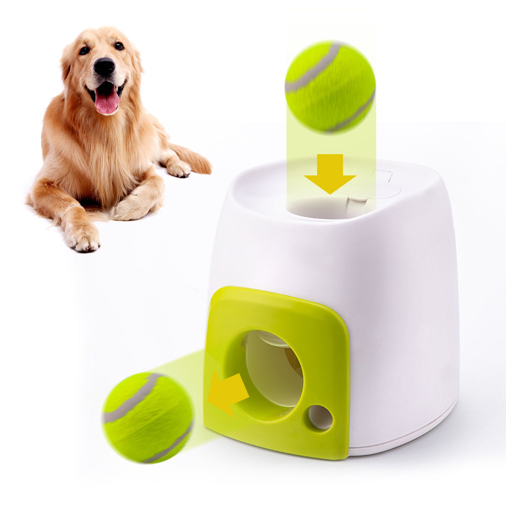 Golden retriever lying beside the white and green dog ball reward machine, with tennis balls dropping into the top slot and rolling out of the side chute.