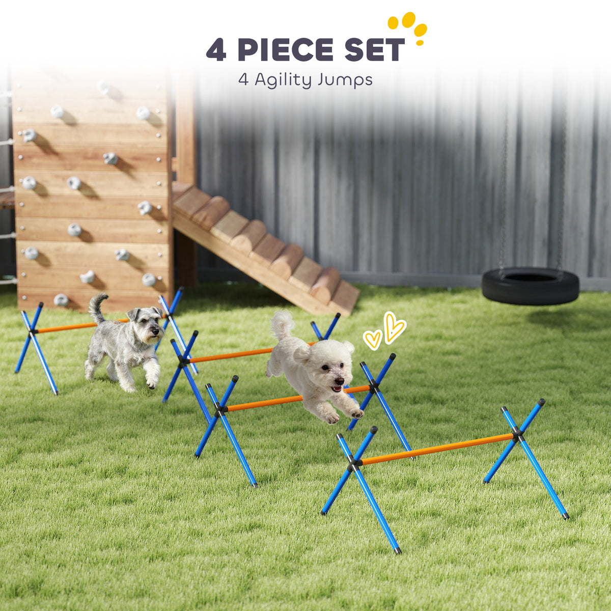 Dog with a 4-piece agility jump set