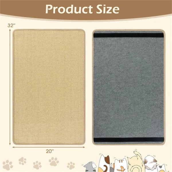 Sisal cat scratching mat product size – 32 by 20 inches, natural sisal front and gray backing