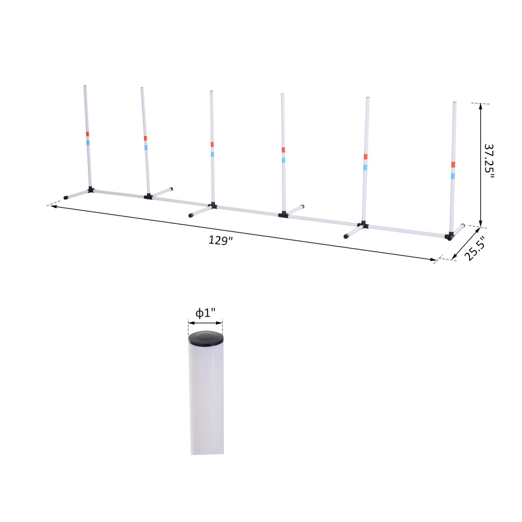 Dimension diagram of the 6 white agility weave poles showing 129 inch length, 37.25 inch height and 1 inch pole diameter