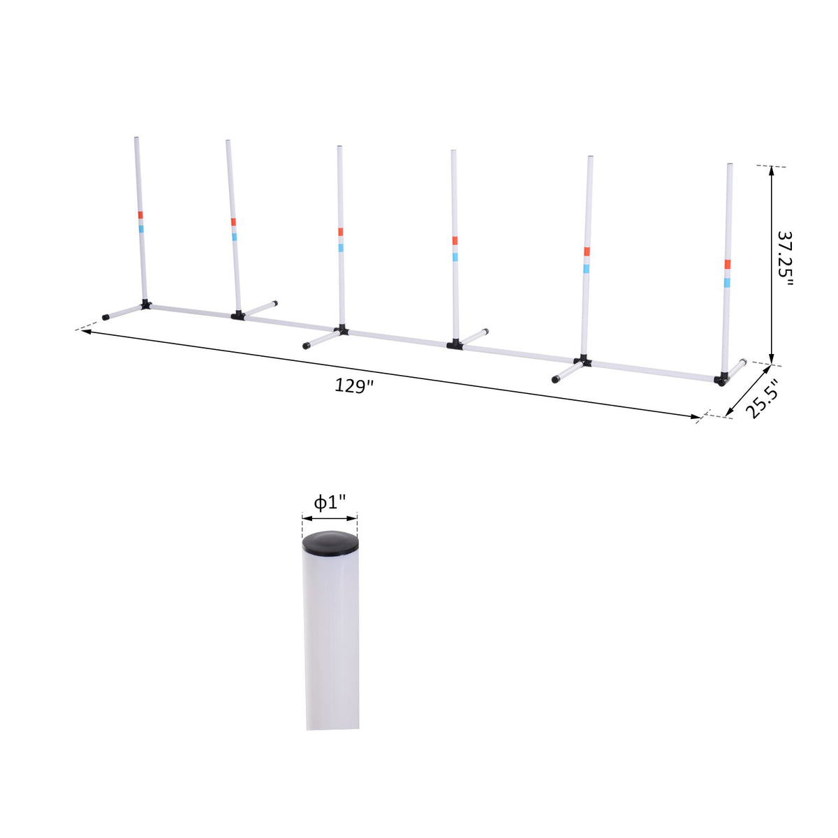 Dimension diagram of the 6 white agility weave poles showing 129 inch length, 37.25 inch height and 1 inch pole diameter