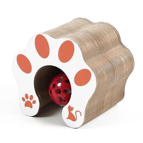 Accordion-style cat scratching post shaped like a cat paw with orange paw print, red ball toy inside the tunnel.