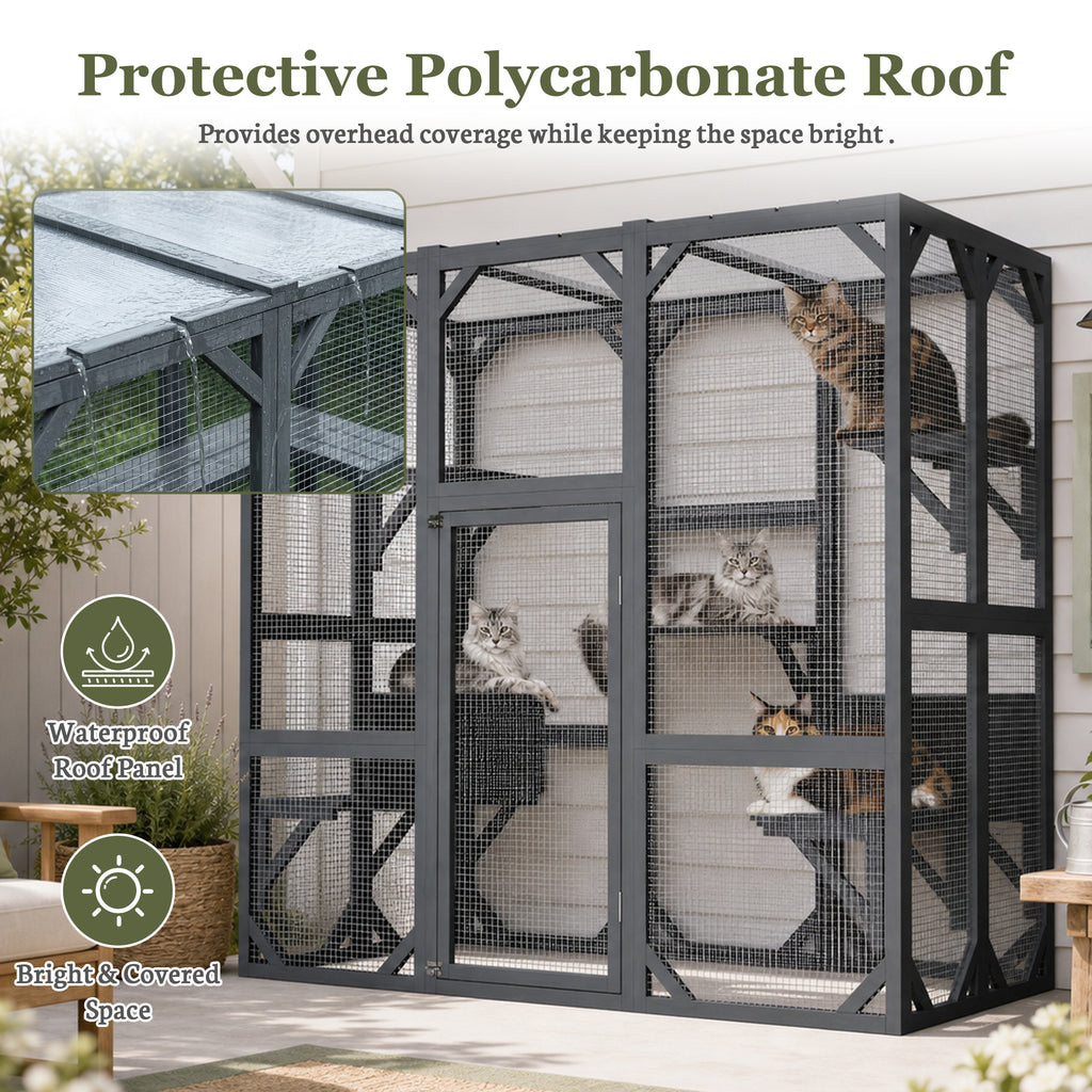 Infographic showing the grey cat enclosure with protective polycarbonate waterproof roof panel on an outdoor patio, with cats inside