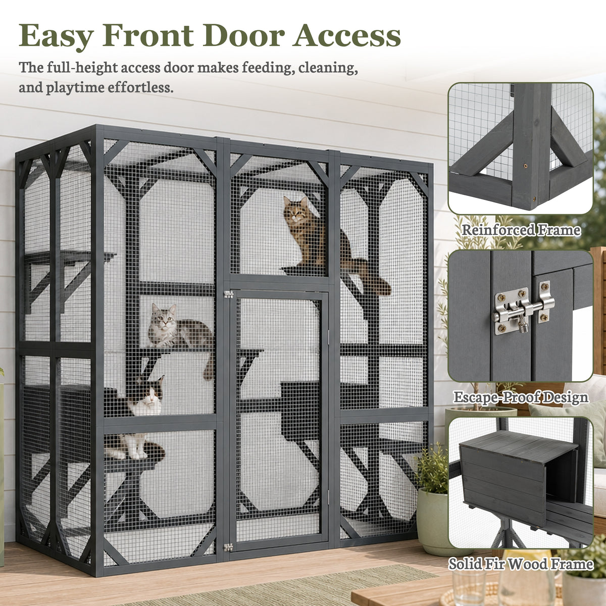 Infographic of the grey cat enclosure highlighting reinforced frame, escape-proof latch design and solid fir wood frame, with cats on shelves
