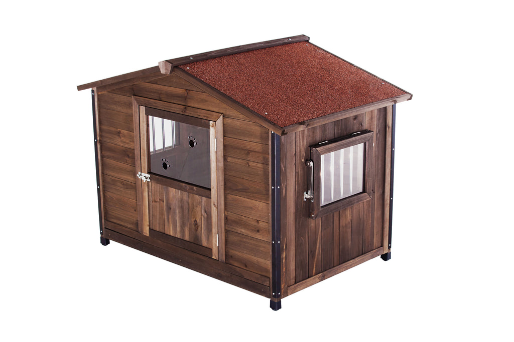 antique-brown large wooden outdoor dog kennel with waterproof asphalt roof and iron frame front view