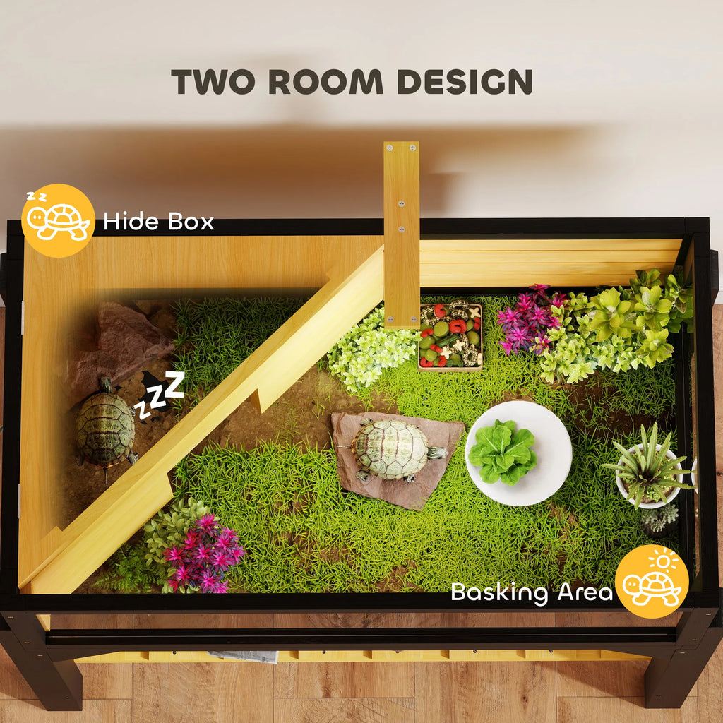 Turtle cage with separate living and basking areas, wooden