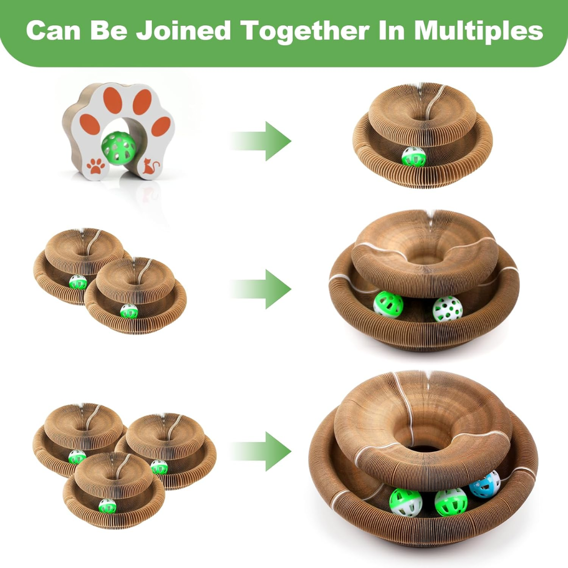 Kitty Kurlz can be joined in multiples – paw scratcher and round towers combined into larger configurations with balls