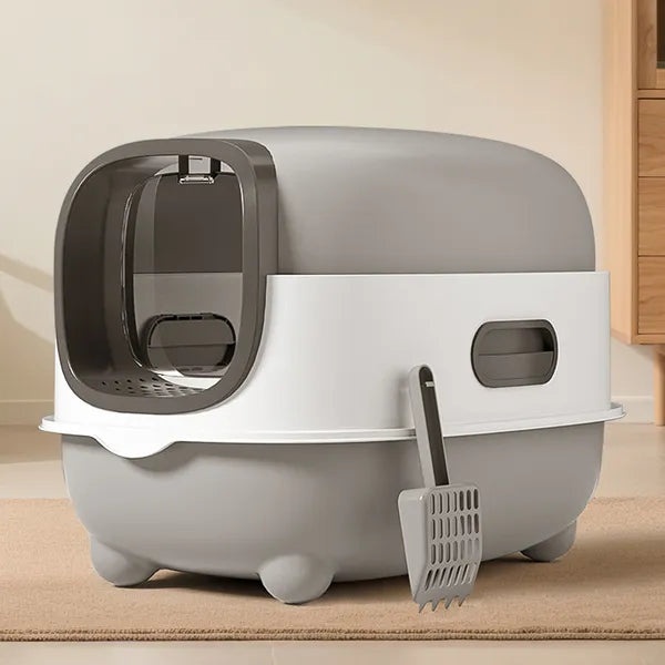 High-capacity gray enclosed cat litter box, front view