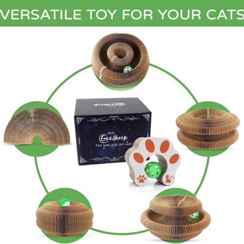 Versatile Kitty Kurlz configurations – five accordion shapes with GooSheep gift box and paw scratcher