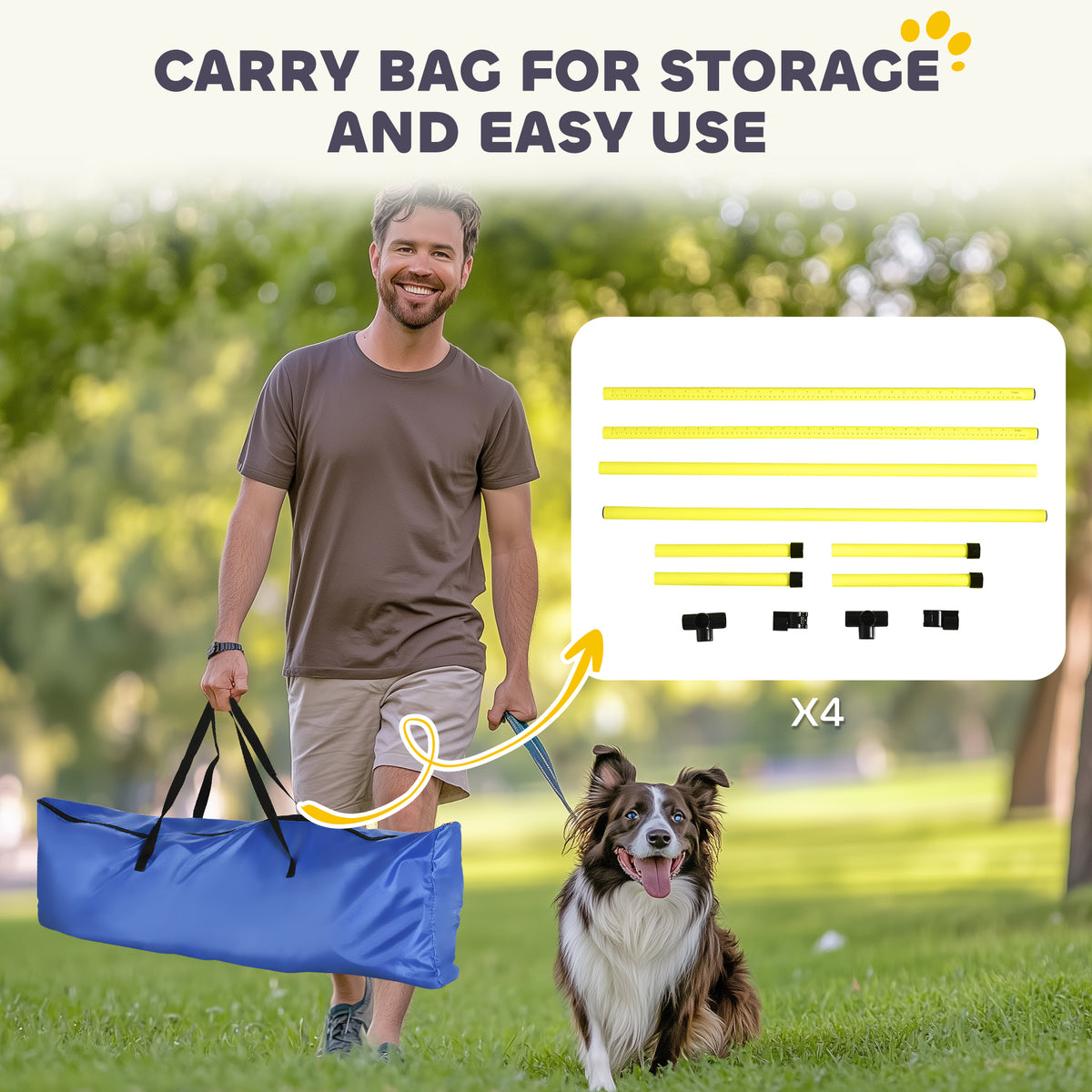 Man carrying the blue storage carry bag with a border collie, showing the jump bar pieces and connectors