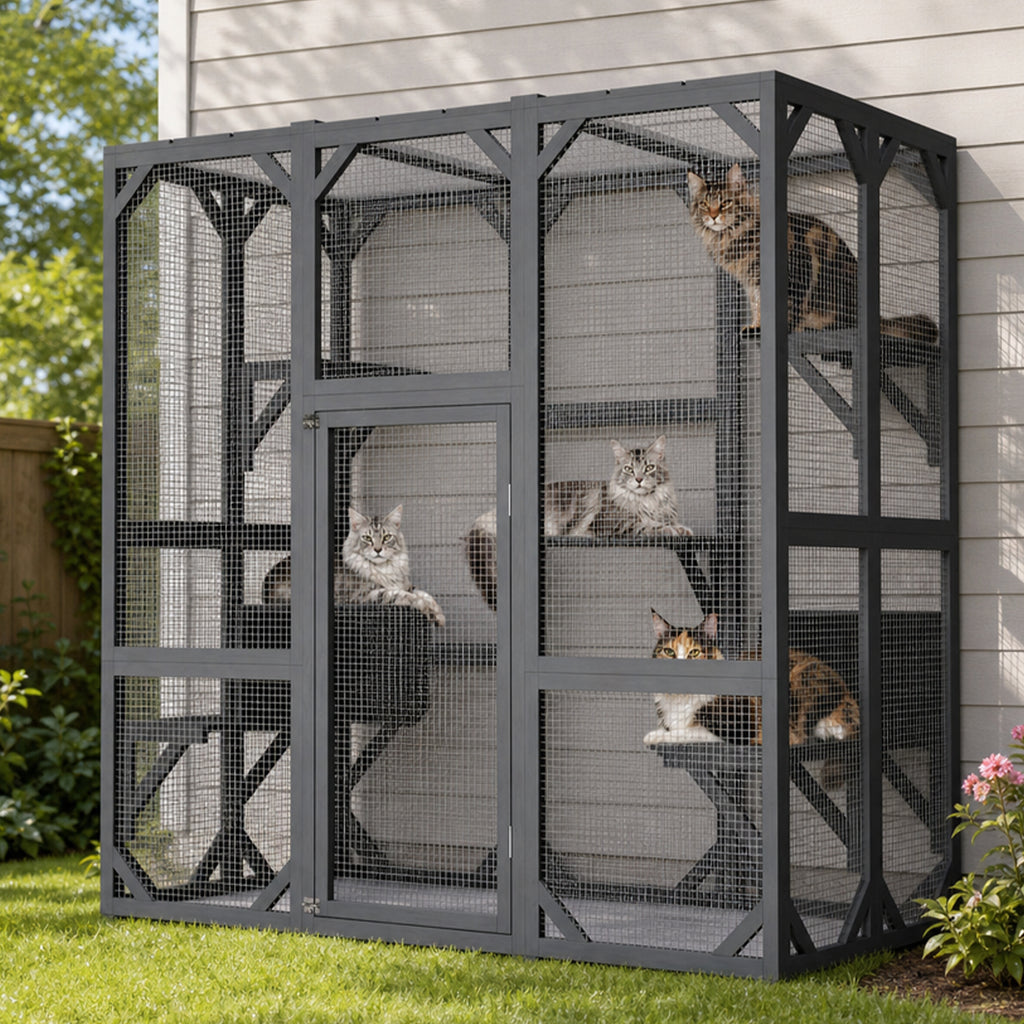 Large grey wooden cat enclosure with wire mesh on grass against a house wall, with several long-haired cats on the shelves inside