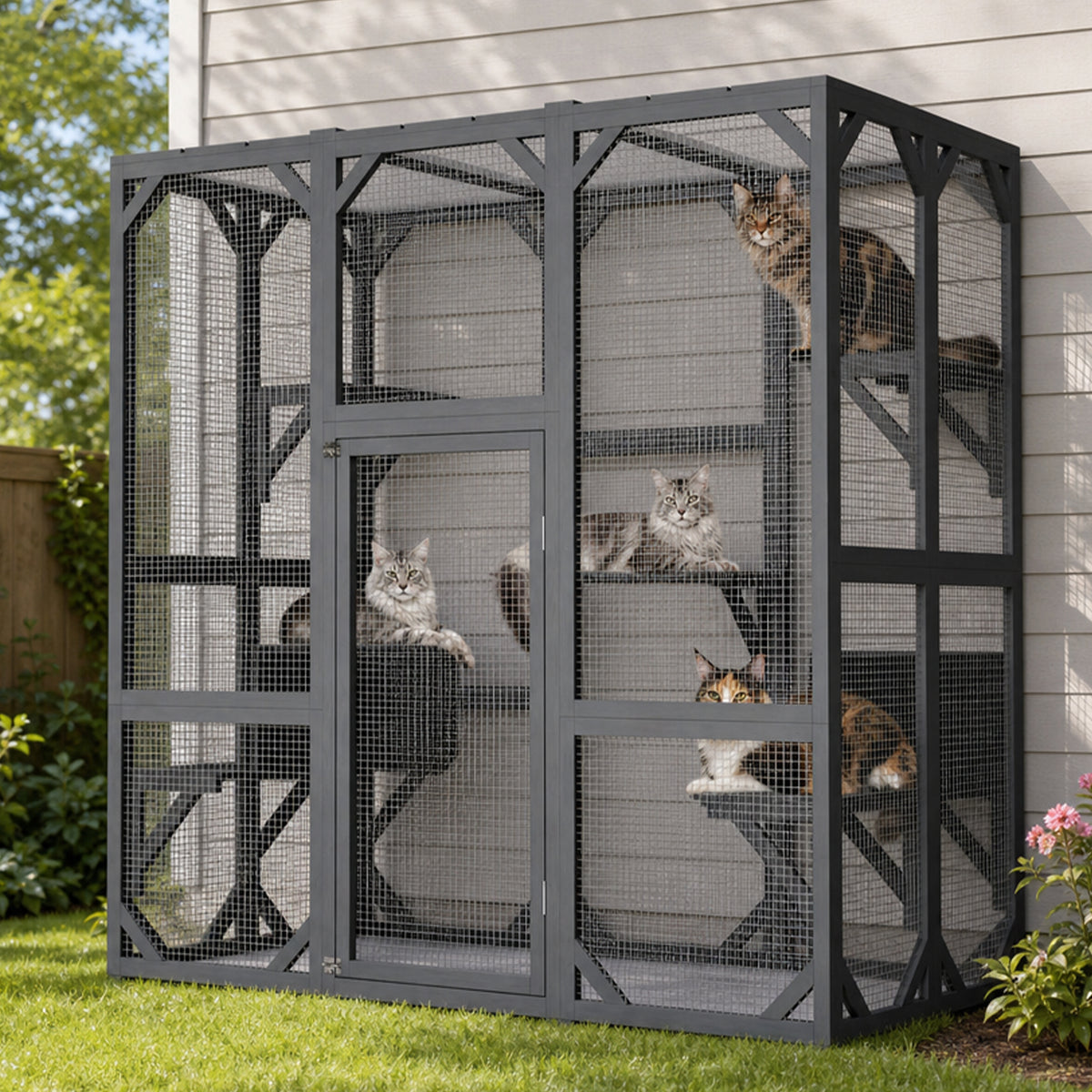 Large grey wooden cat enclosure with wire mesh on grass against a house wall, with several long-haired cats on the shelves inside