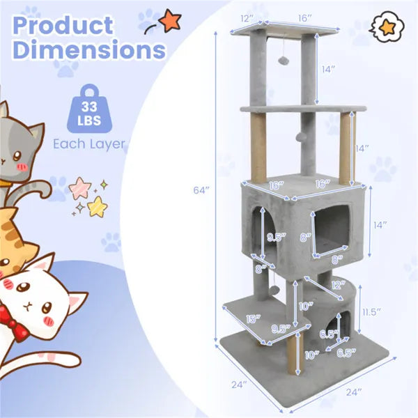 Light gray multi-level cat tower with scratching posts