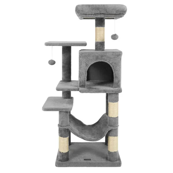 Cat tree tower with condo hideaway and raised perch, angled view