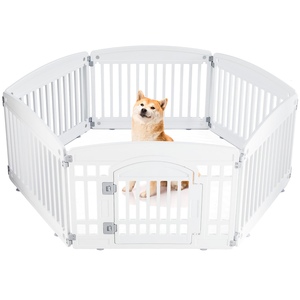 White 6-panel plastic dog playpen with vertical slats and gate door; Shiba Inu sitting inside the portable pet fence