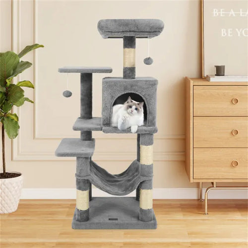 Light gray cat tree with spacious top perch and two-door condo for indoor cats