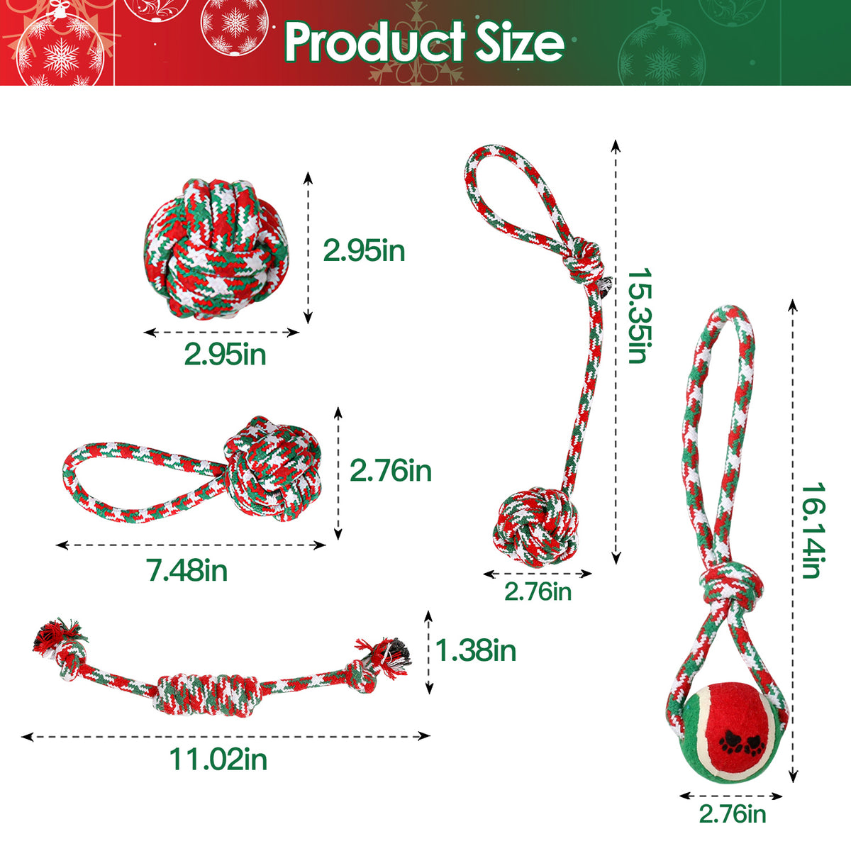 Product size diagram showing the five rope toys with measurements including 2.95-inch ball, 7.48-inch loop, 15.35-inch rope, 11.02-inch dumbbell, and 16.14-inch tennis ball loop.