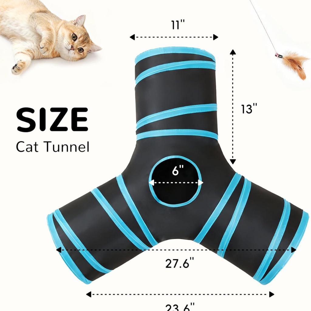 Size diagram of the black 3-way cat tunnel with blue trim showing 11 inch width, 13 inch height, 6 inch peek hole, kitten and feather wand