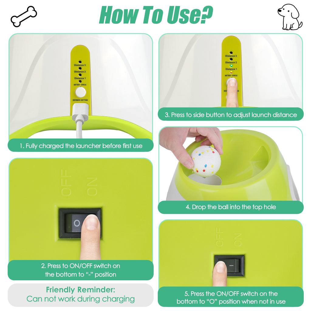 Dog with automatic ball launcher, how to use infographic