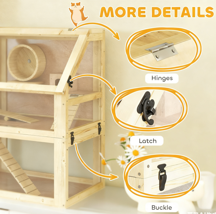 Details graphic showing the cage's hinges, latch, and buckle hardware with close-up callouts.
