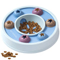 Blue PETMARVEL slow-feeder dog bowl with kibble and treat compartments arranged in a puzzle pattern.