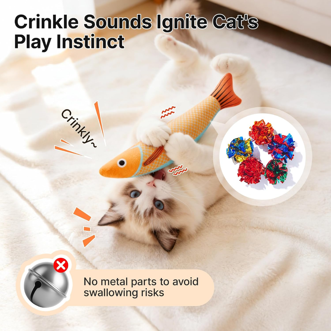 cat playing with crinkle sound fish kicker toy with safe crinkle ball inserts and no metal parts