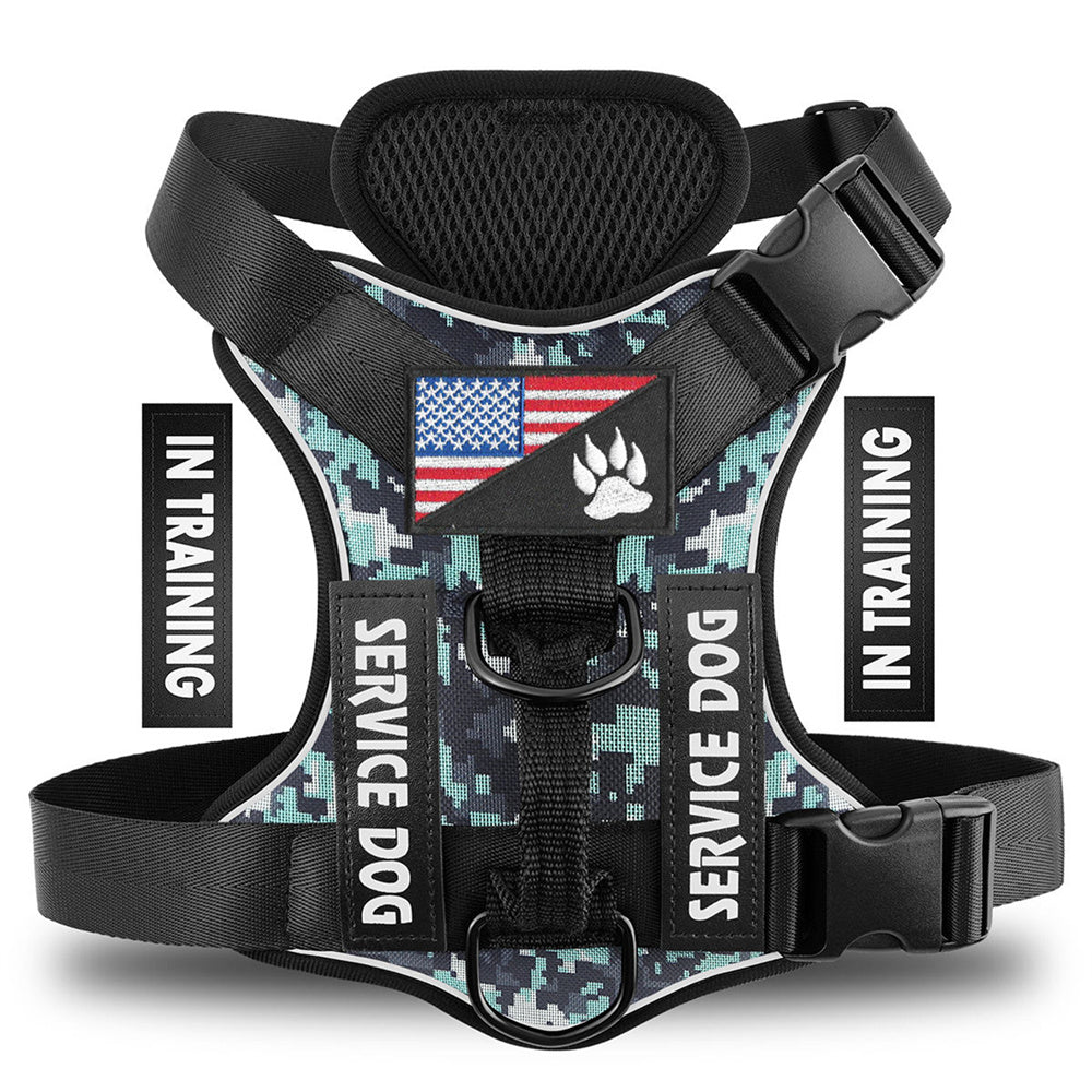 Digital camouflage no-pull service dog harness vest with American flag and paw print patch, SERVICE DOG and IN TRAINING patches, D-ring and quick-release buckle
