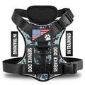 Digital camouflage no-pull service dog harness vest with American flag and paw print patch, SERVICE DOG and IN TRAINING patches, D-ring and quick-release buckle