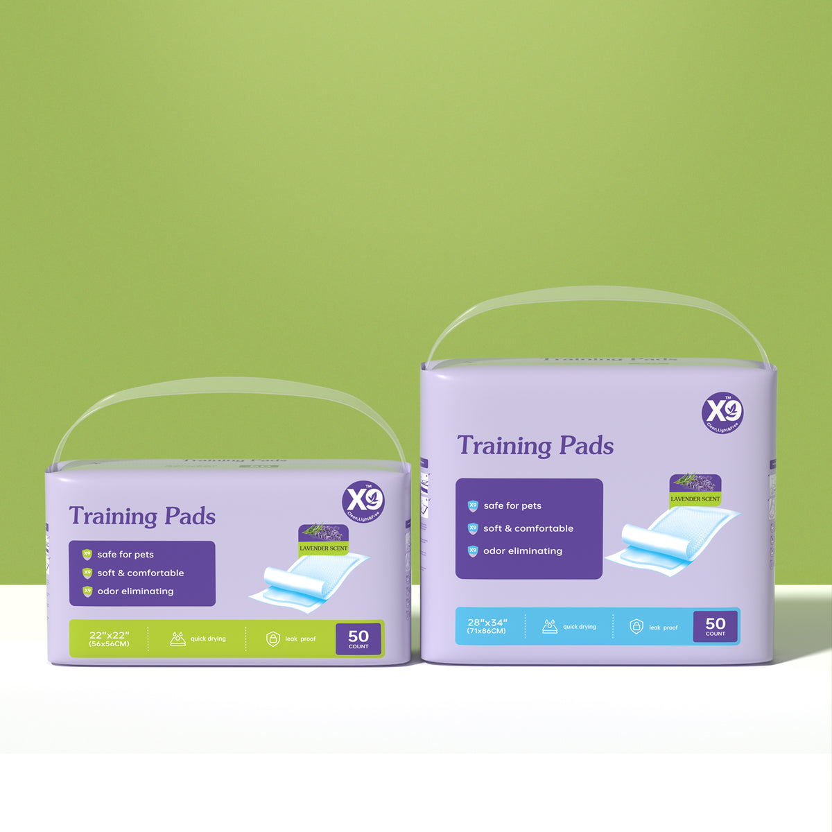 Two lavender scented X9 training pads packages side by side, 22 by 22 and 28 by 34 inch, 50 count each